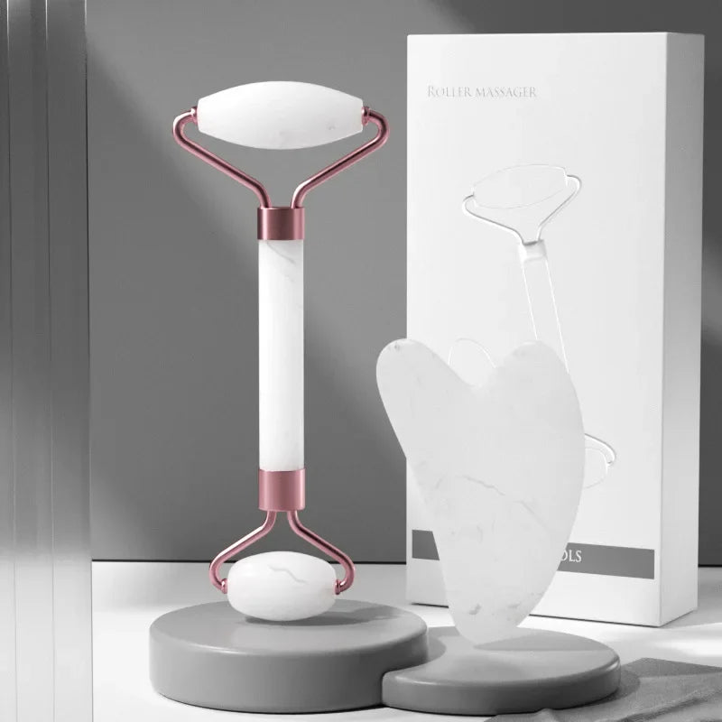 2-piece face massager set with a roller and gua sha scraper for wrinkle reduction, facial lifting, and skincare.