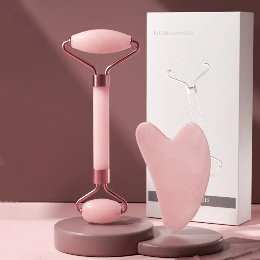 2-piece face massager set with a roller and gua sha scraper for wrinkle reduction, facial lifting, and skincare.