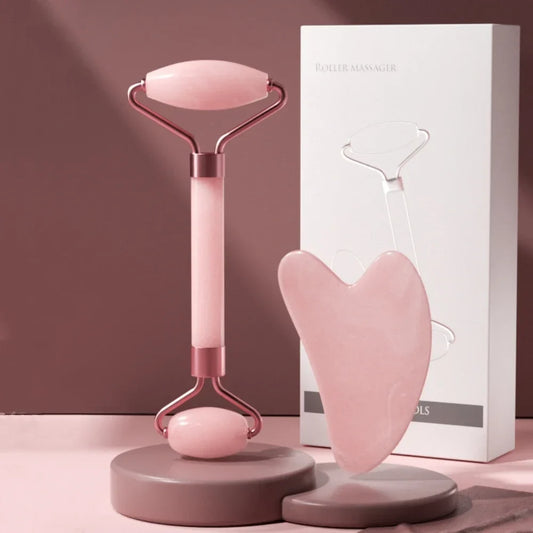 2-piece face massager set with a roller and gua sha scraper for wrinkle reduction, facial lifting, and skincare.