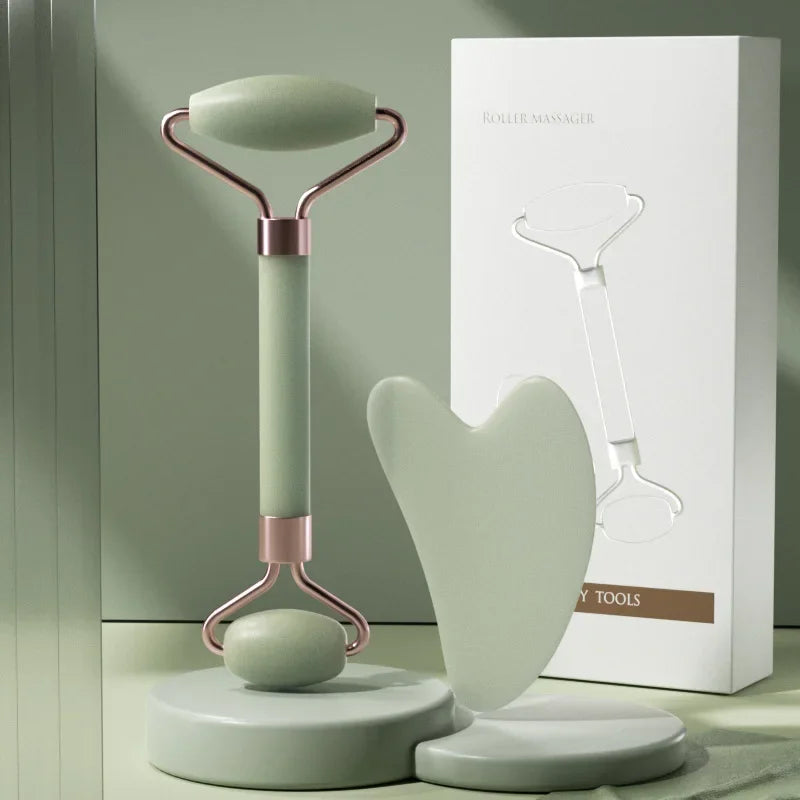 2-piece face massager set with a roller and gua sha scraper for wrinkle reduction, facial lifting, and skincare.