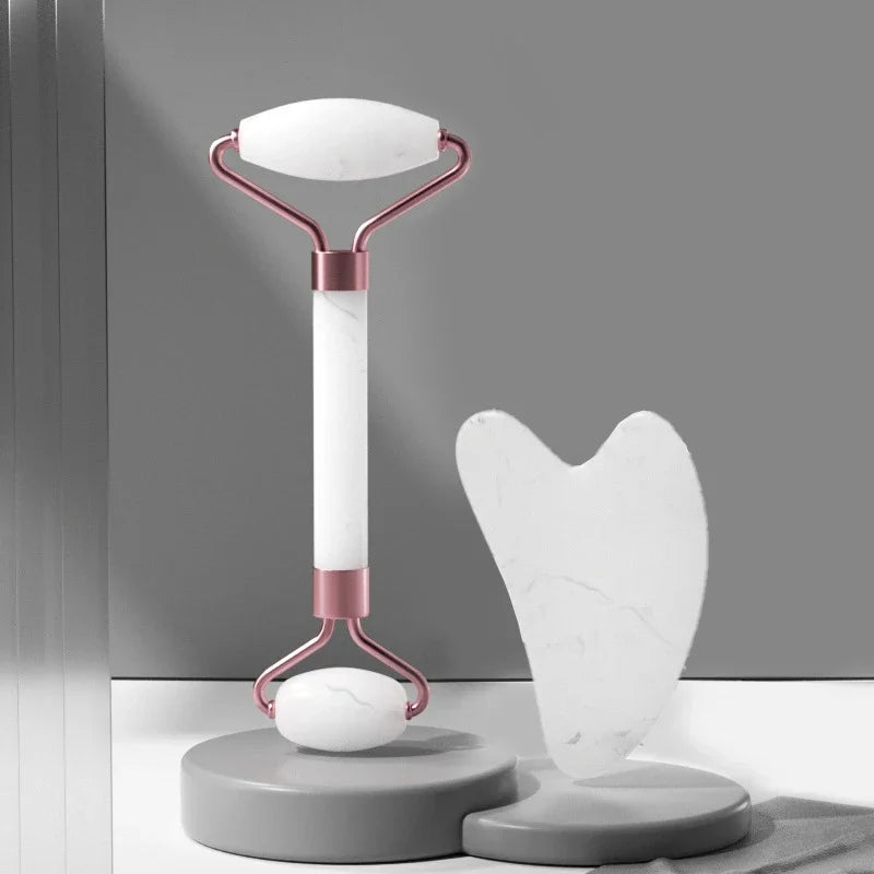 2-piece face massager set with a roller and gua sha scraper for wrinkle reduction, facial lifting, and skincare.
