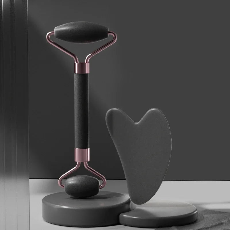 2-piece face massager set with a roller and gua sha scraper for wrinkle reduction, facial lifting, and skincare.