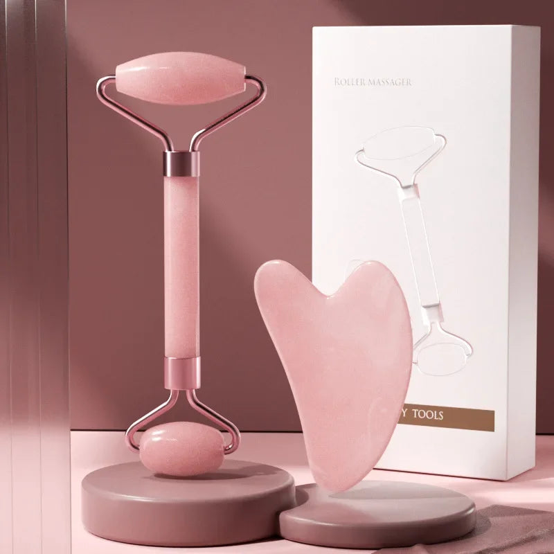 2-piece face massager set with a roller and gua sha scraper for wrinkle reduction, facial lifting, and skincare.