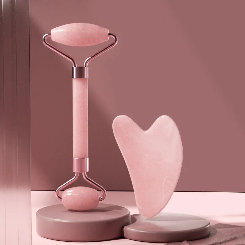 2-piece face massager set with a roller and gua sha scraper for wrinkle reduction, facial lifting, and skincare.