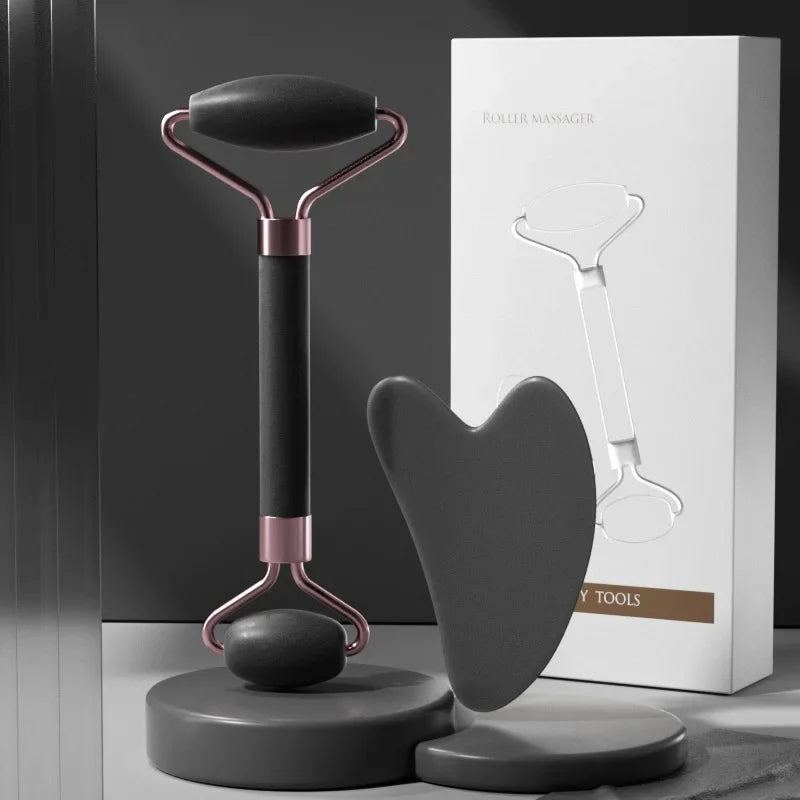 2-piece face massager set with a roller and gua sha scraper for wrinkle reduction, facial lifting, and skincare.