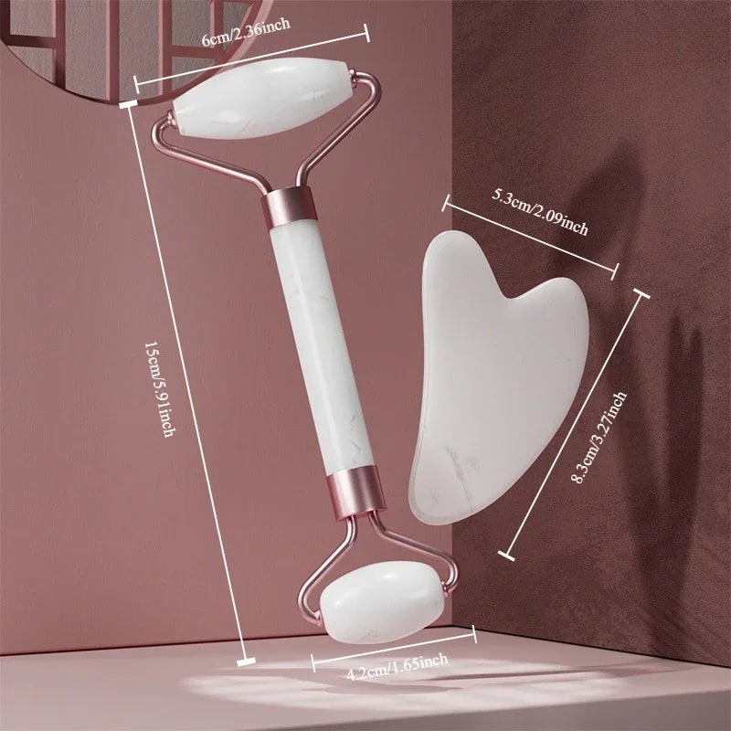 2-piece face massager set with a roller and gua sha scraper for wrinkle reduction, facial lifting, and skincare.