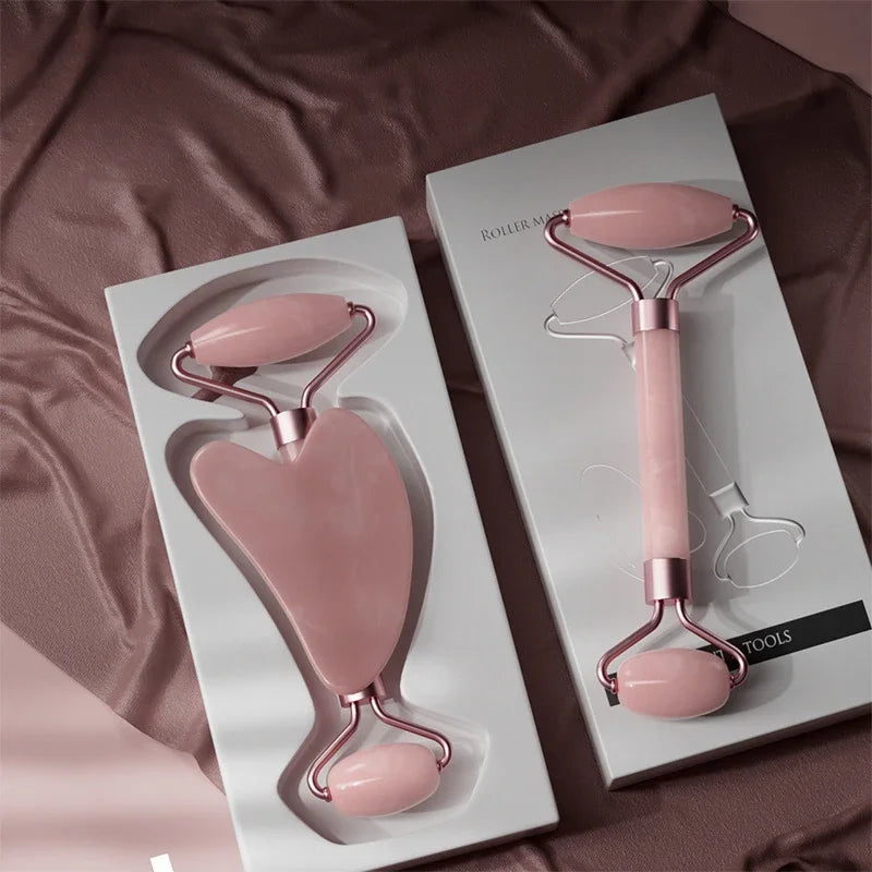 2-piece face massager set with a roller and gua sha scraper for wrinkle reduction, facial lifting, and skincare.