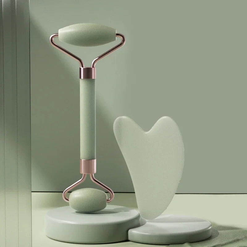 2-piece face massager set with a roller and gua sha scraper for wrinkle reduction, facial lifting, and skincare.